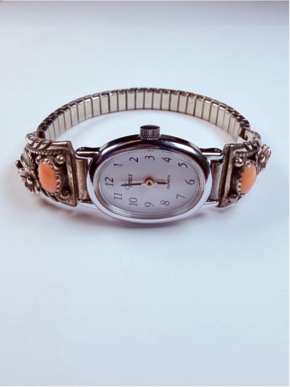 Native American Southwestern Coral Sterling Silver Timex Watch Tips Vintage Band